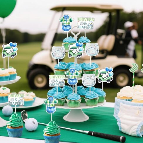Cheereveal 24pcs Golf Baby Shower Party Cupcake Toppers, Drivers & Diapers Cake Decorations for Boys Green and Blue, Golf Sports Themed Gender Reveal Birthday Party Supplies in Saudi Arabia