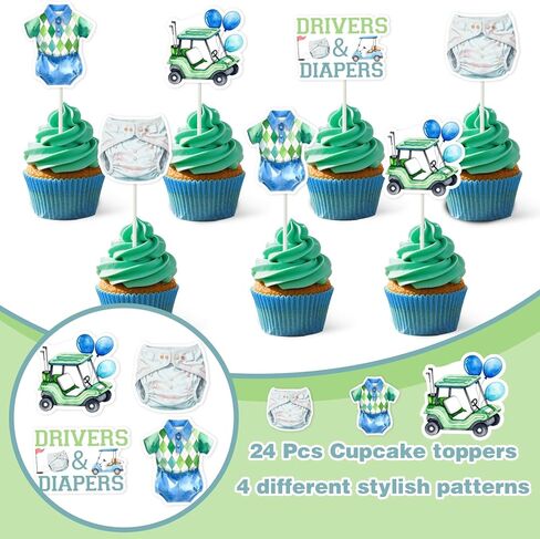 Cheereveal 24pcs Golf Baby Shower Party Cupcake Toppers, Drivers & Diapers Cake Decorations for Boys Green and Blue, Golf Sports Themed Gender Reveal Birthday Party Supplies in Saudi Arabia