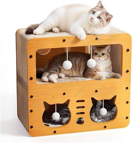 أسرة القطط للقطط الداخلية، منزل خشبي لخدش القطط وشقق من الورق المقوى، سرير مغطى بأثاث كهف للقطط الصغيرة، صندوق مسرح لطيف، حجم كبير، مناسب للقطط التي يصل وزنها إلى 15 رطلاً in Kuwait
