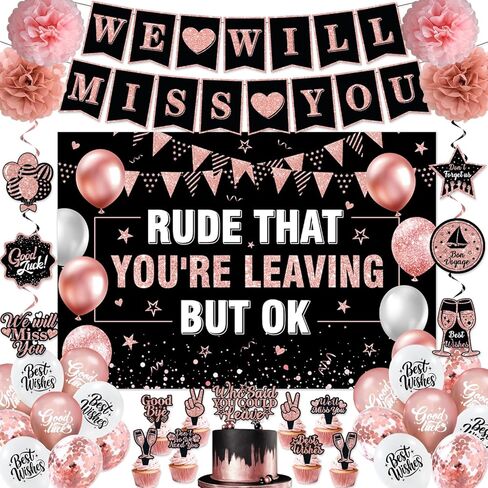 زينة حفلات الذهاب بعيدًا للنساء، لون ذهبي وردي، سنفتقدك ووقاحة أنك تغادر ولكن لا بأس بها، لافتة وداع لزملاء العمل في المكتب وحفلة الوداع in Kuwait