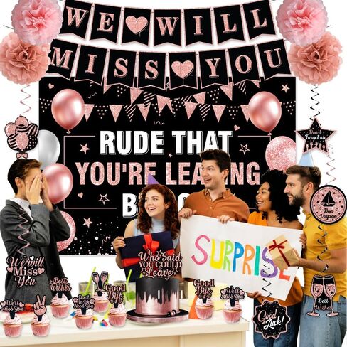 زينة حفلات الذهاب بعيدًا للنساء، لون ذهبي وردي، سنفتقدك ووقاحة أنك تغادر ولكن لا بأس بها، لافتة وداع لزملاء العمل في المكتب وحفلة الوداع in Kuwait