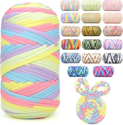 400 جرام من خيوط التي شيرت للكروشيه، تي شيرت قوس قزح نسيج مرن ناعم سميك مكتنز تي شيرت من خيوط الكروشيه للحياكة للمبتدئين والحياكة اليدوية للحقيبة/الحرف اليدوية/ديكور المنزل- قوس قزح مشرق in Kuwait