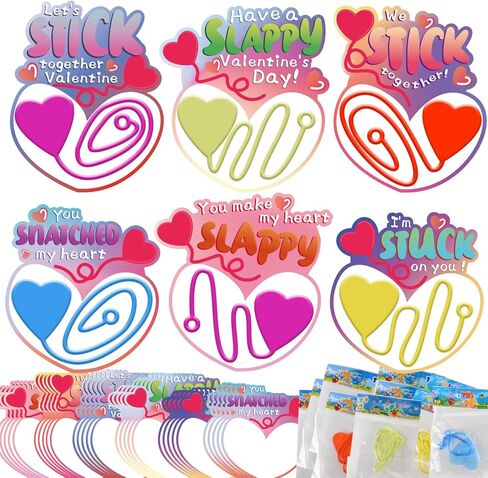 30 PACK Valentines Cards for Kids Classroom with Sticky Toys, 5 Colors Heart Shape Stretchy Slappy Toys Kids Valentines Day Gifts for School Exchange, Party Favors Boys Girls Prizes in Saudi Arabia
