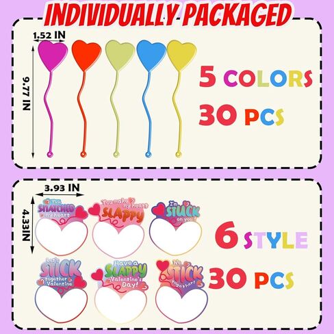30 PACK Valentines Cards for Kids Classroom with Sticky Toys, 5 Colors Heart Shape Stretchy Slappy Toys Kids Valentines Day Gifts for School Exchange, Party Favors Boys Girls Prizes in Saudi Arabia