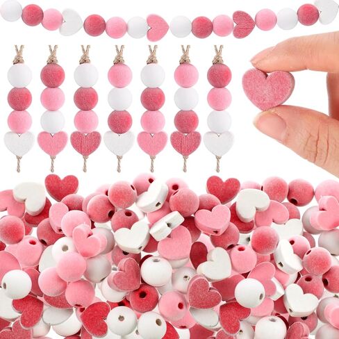 Cinnvoice 50 Pcs Valentine's Day Wood Beads with Hemp Rope Velvet Round Heart Beads Valentine's Day DIY Bead Crafts Gifts for Valentines Garland DIY Jewelry Making Pen Tiered Tray Decor in Saudi Arabia