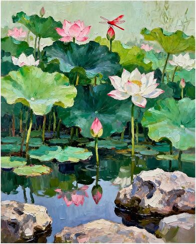 EnLvYY Koi Fish and Lotus Pond Paint بالأرقام للبالغين 16x20 بوصة، مجموعة أكريليك DIY للمبتدئين، أسماك كوي رشيقة للسباحة مع زهور اللوتس، هدية لمحبي الطبيعة والحيوانات، غير مؤطرة in Kuwait