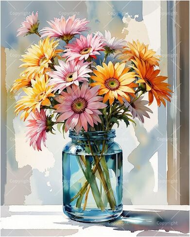 Floral Still Life Paint by Numbers Kit for Adults - DIY Colorful Gerbera Daisies in Blue Jar Painting on Canvas, Acrylic Paint Set for Beginners, Art for Home Decoration or Gifts(8X12IN Framed) in Saudi Arabia