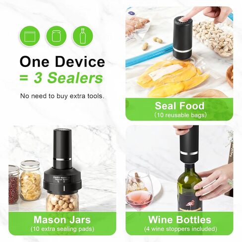 Handheld Vacuum Sealer for Food,Mason Jar Vacuum Sealer + 4Wine Vacuum Stopper +10 Reusable Vacuum Bags,Mini Small Vacuum Sealer Bags for Home,Kitchen,Travel,Fridge Meal Prep,Camping - Black in Saudi Arabia