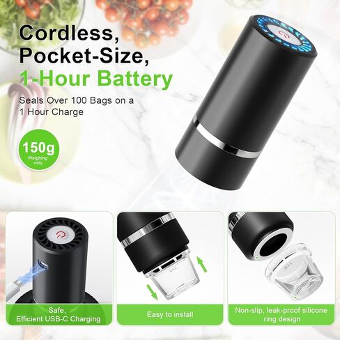 Handheld Vacuum Sealer for Food,Mason Jar Vacuum Sealer + 4Wine Vacuum Stopper +10 Reusable Vacuum Bags,Mini Small Vacuum Sealer Bags for Home,Kitchen,Travel,Fridge Meal Prep,Camping - Black in Saudi Arabia