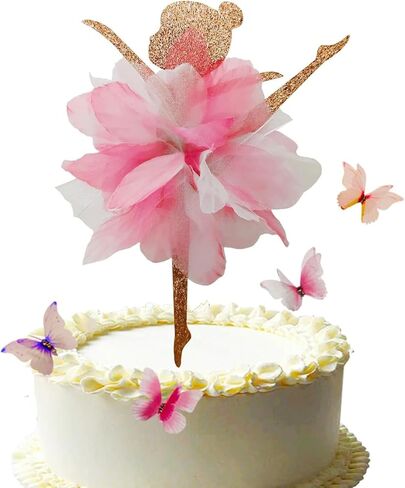 2Sides Pink Tutu Ballerina with 4 Butterflies Cake Topper - Fairy Ballet Theme Cake Decoration for Girl's Anniversary, Baby Shower or Happy Birthday Party Supplies. in Saudi Arabia