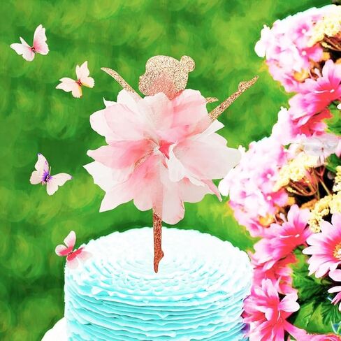 2Sides Pink Tutu Ballerina with 4 Butterflies Cake Topper - Fairy Ballet Theme Cake Decoration for Girl's Anniversary, Baby Shower or Happy Birthday Party Supplies. in Saudi Arabia