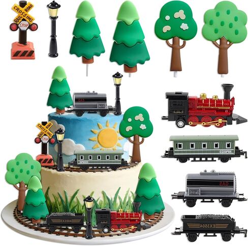 Train Cake Topper Set with Trees, Railroad Crossing Signs, Street Lamps, Locomotive and Train Cars, Party Decorations in Saudi Arabia