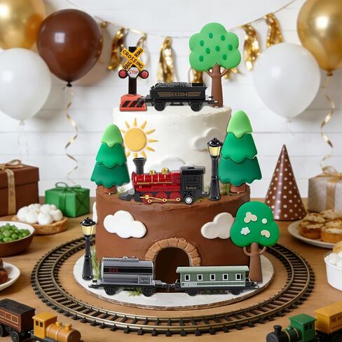 Train Cake Topper Set with Trees, Railroad Crossing Signs, Street Lamps, Locomotive and Train Cars, Party Decorations in Saudi Arabia