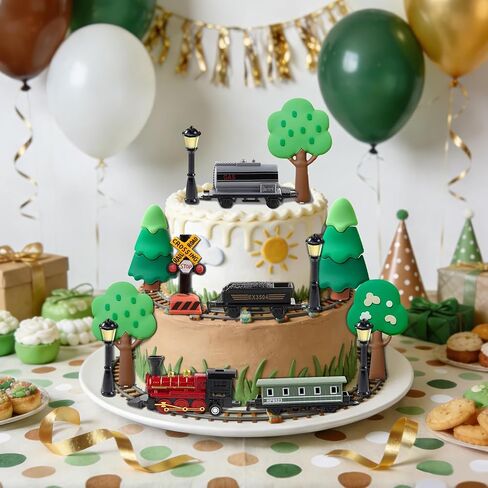 Train Cake Topper Set with Trees, Railroad Crossing Signs, Street Lamps, Locomotive and Train Cars, Party Decorations in Saudi Arabia