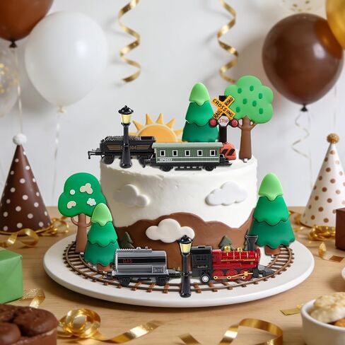 Train Cake Topper Set with Trees, Railroad Crossing Signs, Street Lamps, Locomotive and Train Cars, Party Decorations in Saudi Arabia