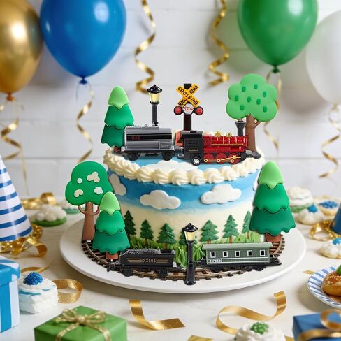 Train Cake Topper Set with Trees, Railroad Crossing Signs, Street Lamps, Locomotive and Train Cars, Party Decorations in Saudi Arabia