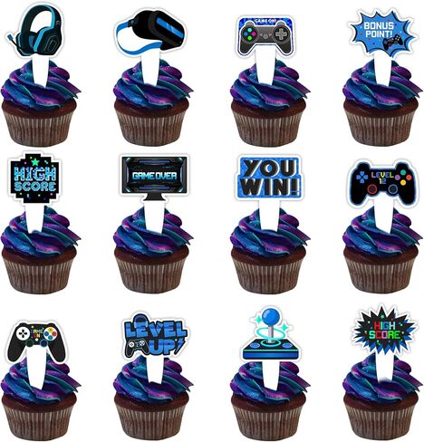 36pcs Blue Dessert Cupcake Topper Game Console Play Gaming Esports Theme Decor Supplies Men Women Happy Birthday Party Decoration in Saudi Arabia