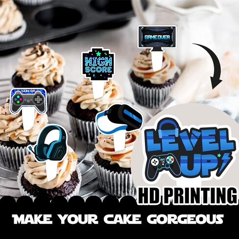 36pcs Blue Dessert Cupcake Topper Game Console Play Gaming Esports Theme Decor Supplies Men Women Happy Birthday Party Decoration in Saudi Arabia