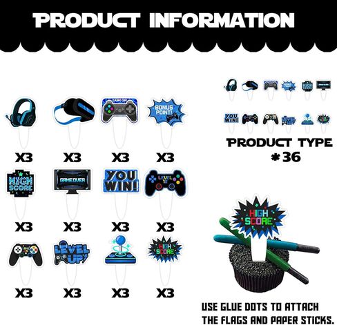 36pcs Blue Dessert Cupcake Topper Game Console Play Gaming Esports Theme Decor Supplies Men Women Happy Birthday Party Decoration in Saudi Arabia