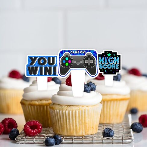 36pcs Blue Dessert Cupcake Topper Game Console Play Gaming Esports Theme Decor Supplies Men Women Happy Birthday Party Decoration in Saudi Arabia
