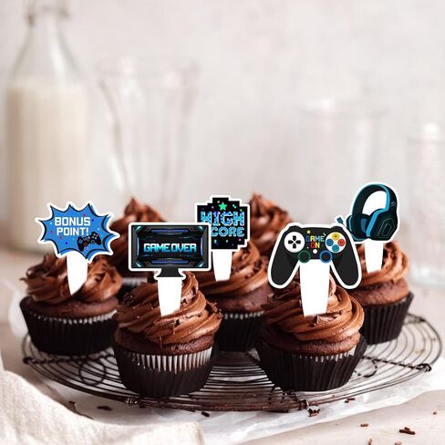 36pcs Blue Dessert Cupcake Topper Game Console Play Gaming Esports Theme Decor Supplies Men Women Happy Birthday Party Decoration in Saudi Arabia