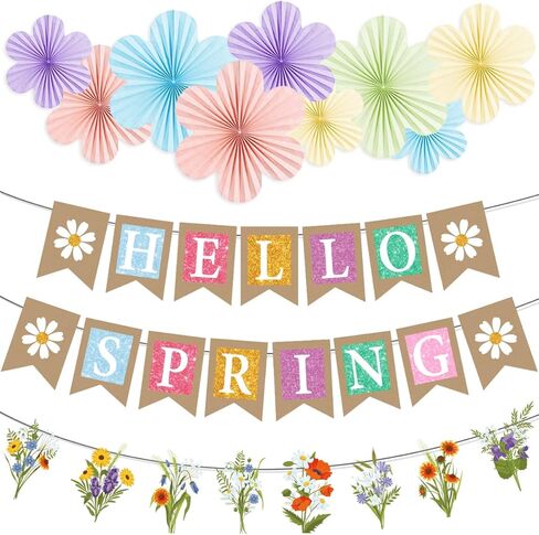 Hello Spring Party Decorations Include Flowers Hello Spring Banners Hanging Paper Fans Spring Theme Party Supplies in Saudi Arabia
