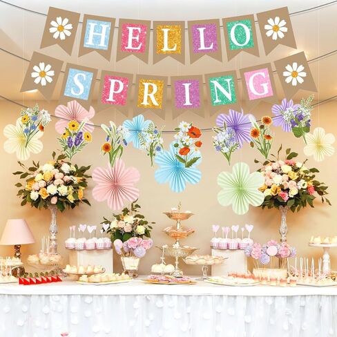 Hello Spring Party Decorations Include Flowers Hello Spring Banners Hanging Paper Fans Spring Theme Party Supplies in Saudi Arabia