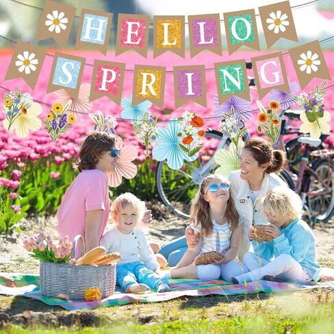 Hello Spring Party Decorations Include Flowers Hello Spring Banners Hanging Paper Fans Spring Theme Party Supplies in Saudi Arabia