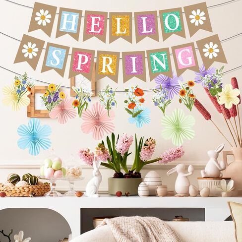 Hello Spring Party Decorations Include Flowers Hello Spring Banners Hanging Paper Fans Spring Theme Party Supplies in Saudi Arabia