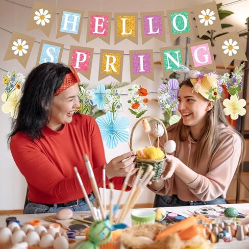 Hello Spring Party Decorations Include Flowers Hello Spring Banners Hanging Paper Fans Spring Theme Party Supplies in Saudi Arabia