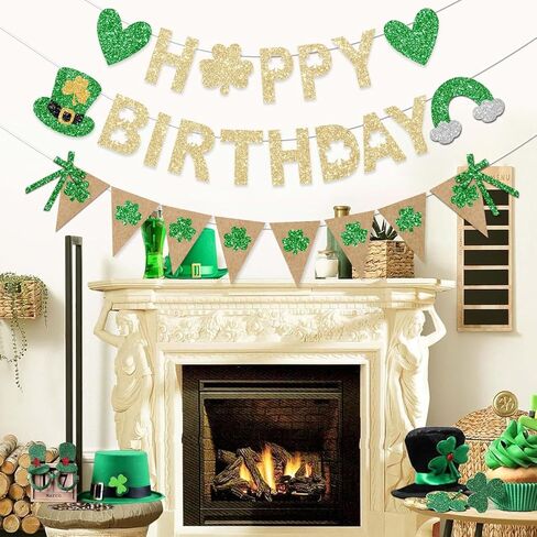 St Patricks Birthday Banner Decorations Gold Glitter St. Patrick's Day Party Green Shamrock Triangle Pennant for Home Happy Birthday Party Decorations Lucky One 1st in Saudi Arabia