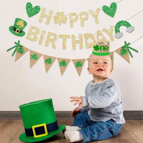 St Patricks Birthday Banner Decorations Gold Glitter St. Patrick's Day Party Green Shamrock Triangle Pennant for Home Happy Birthday Party Decorations Lucky One 1st in Saudi Arabia