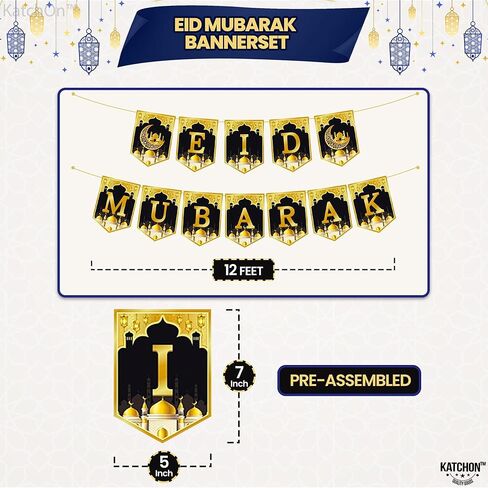 KatchOn, Eid Mubarak Banner with Hanging Swirls - Pack of 17 | Pre Strung, Eid Mubarak Garland for Eid Mubarak Decorations | Eid Decorations for Home | Gold Eid Mubarak Hanging Swirls with Cutouts in Saudi Arabia