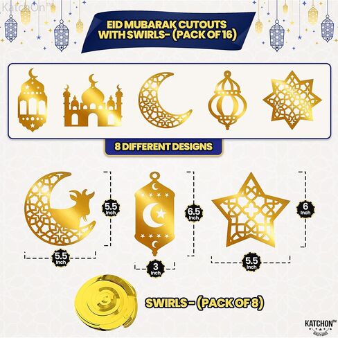 KatchOn, Eid Mubarak Banner with Hanging Swirls - Pack of 17 | Pre Strung, Eid Mubarak Garland for Eid Mubarak Decorations | Eid Decorations for Home | Gold Eid Mubarak Hanging Swirls with Cutouts in Saudi Arabia