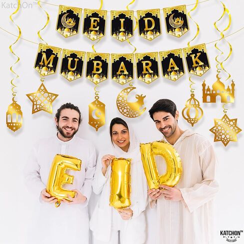 KatchOn, Eid Mubarak Banner with Hanging Swirls - Pack of 17 | Pre Strung, Eid Mubarak Garland for Eid Mubarak Decorations | Eid Decorations for Home | Gold Eid Mubarak Hanging Swirls with Cutouts in Saudi Arabia