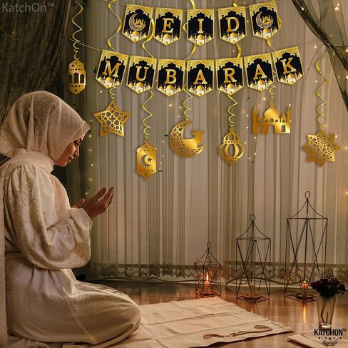 KatchOn, Eid Mubarak Banner with Hanging Swirls - Pack of 17 | Pre Strung, Eid Mubarak Garland for Eid Mubarak Decorations | Eid Decorations for Home | Gold Eid Mubarak Hanging Swirls with Cutouts in Saudi Arabia