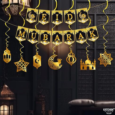 KatchOn, Eid Mubarak Banner with Hanging Swirls - Pack of 17 | Pre Strung, Eid Mubarak Garland for Eid Mubarak Decorations | Eid Decorations for Home | Gold Eid Mubarak Hanging Swirls with Cutouts in Saudi Arabia