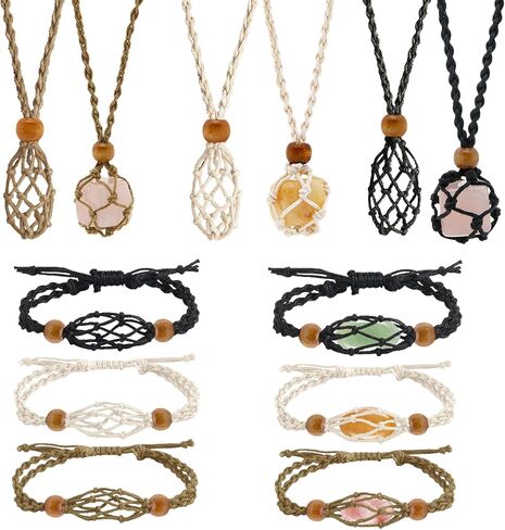 Knana 12Pcs Adjustable Crystals Cage Necklace Cord Crystal Holder Cage Necklace Bracelet Hand-Woven Crystals Pendant Replacement Rope for for DIY Jewelry Making (Black, Brown, White) in Saudi Arabia