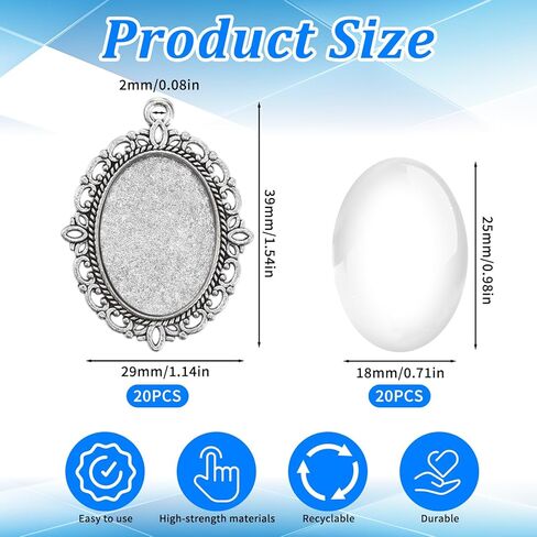 40 Pcs Photo Charms Oval Pendant Tray Kit, 20 Gold and Silver Oval Blank Bezel Pendant Tray with 20 Glass Cabochons Dome for Valentine's Day Gift DIY Jewelry Wedding Graduation Memorial Charms 25x18mm in Saudi Arabia
