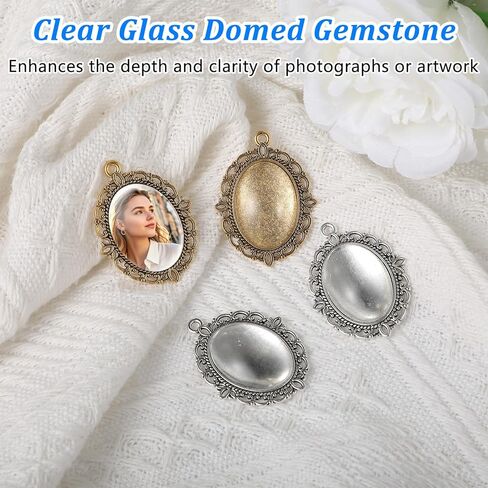 40 Pcs Photo Charms Oval Pendant Tray Kit, 20 Gold and Silver Oval Blank Bezel Pendant Tray with 20 Glass Cabochons Dome for Valentine's Day Gift DIY Jewelry Wedding Graduation Memorial Charms 25x18mm in Saudi Arabia