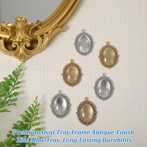 40 Pcs Photo Charms Oval Pendant Tray Kit, 20 Gold and Silver Oval Blank Bezel Pendant Tray with 20 Glass Cabochons Dome for Valentine's Day Gift DIY Jewelry Wedding Graduation Memorial Charms 25x18mm in Saudi Arabia