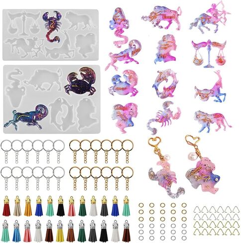 104pcs Resin Molds Keychain Silicone Molds Zodiac Sign Epoxy Casting Mold 12 Constellation Jewelry Making Molds Astrology Horoscope with 24pcs Tassels, 24pcs Keychain Rings (104PCS) in Saudi Arabia