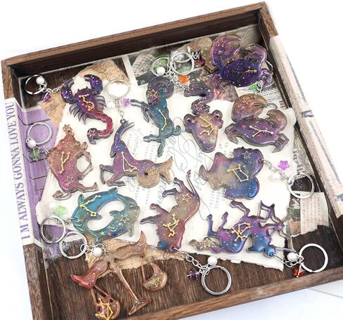 104pcs Resin Molds Keychain Silicone Molds Zodiac Sign Epoxy Casting Mold 12 Constellation Jewelry Making Molds Astrology Horoscope with 24pcs Tassels, 24pcs Keychain Rings (104PCS) in Saudi Arabia