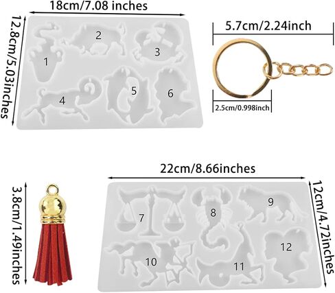 104pcs Resin Molds Keychain Silicone Molds Zodiac Sign Epoxy Casting Mold 12 Constellation Jewelry Making Molds Astrology Horoscope with 24pcs Tassels, 24pcs Keychain Rings (104PCS) in Saudi Arabia