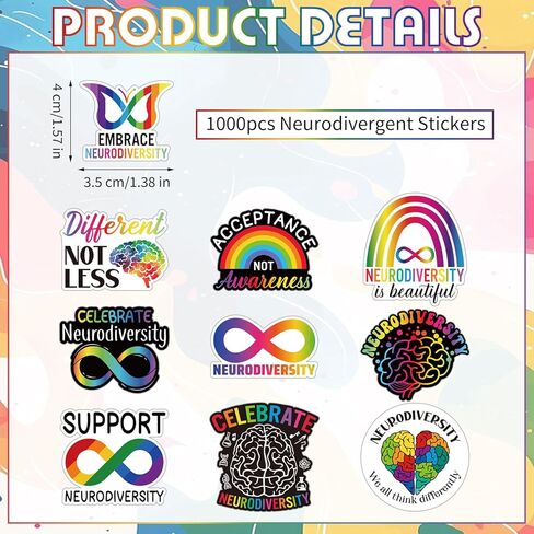 Tinlade 1000pcs ملصقات التنوع العصبي علم الأعصاب الكرتون للماء الفينيل ملصق الدماغ الصحة العقلية التوحد ملصق زجاجة ماء الكمبيوتر المحمول لحفلة عيد ميلاد تفضل أسبوع التنوع العصبي in Saudi Arabia