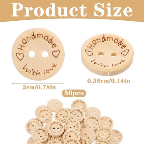 50 Pcs Wooden Handmade with Love Buttons Crafts Assorted Buttons 2 Holes Round Sewing Button Letter Wooden Button for Gift Giving Crochet Knitting Craft Projects Scrapbook Clothing Hats (20mm) in Saudi Arabia