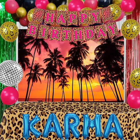 Jersey Shore Themed Birthday Party Decorations, Tropical Beach Background, Cheetah Happy Birthday Banner, Cheetah Tablecloth, Karma Balloons, Fun Party Decor in Saudi Arabia