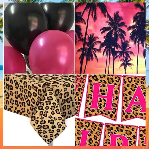 Jersey Shore Themed Birthday Party Decorations, Tropical Beach Background, Cheetah Happy Birthday Banner, Cheetah Tablecloth, Karma Balloons, Fun Party Decor in Saudi Arabia