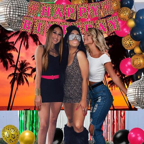 Jersey Shore Themed Birthday Party Decorations, Tropical Beach Background, Cheetah Happy Birthday Banner, Cheetah Tablecloth, Karma Balloons, Fun Party Decor in Saudi Arabia