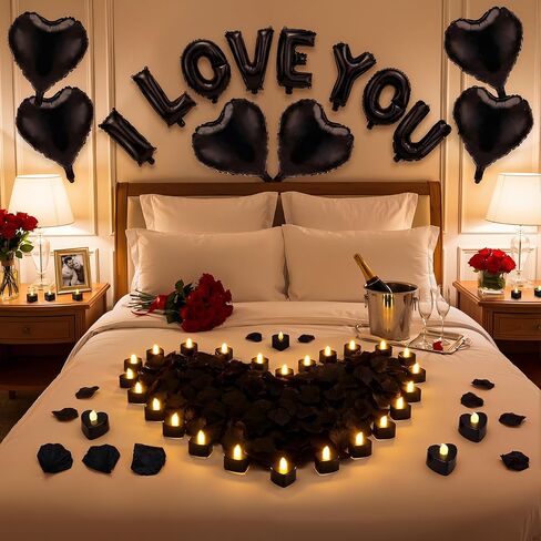 طقم بالونات Seematn باللون الأسود لعيد الحب مع لافتة حروف I Love You مقاس 16 بوصة، 6 قطع بالونات على شكل قلب مقاس 18 بوصة، 24 قطعة شموع عديمة اللهب، 2000 قطعة من بتلات الورد المزيفة لديكور حفل زفاف Galentines in Kuwait